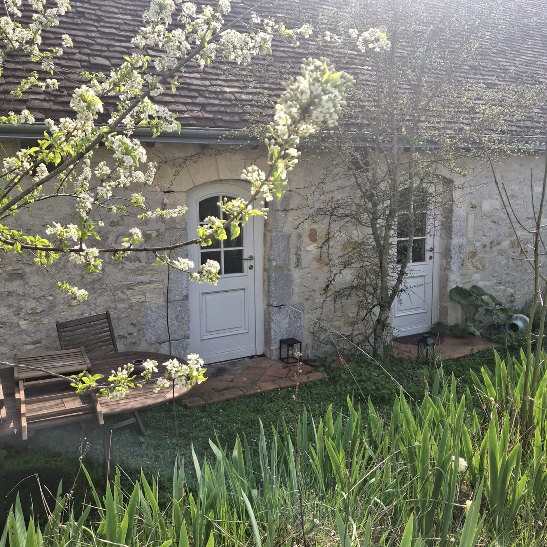 Façade en pierre du gîte, fleurs de printemps au premier plan
